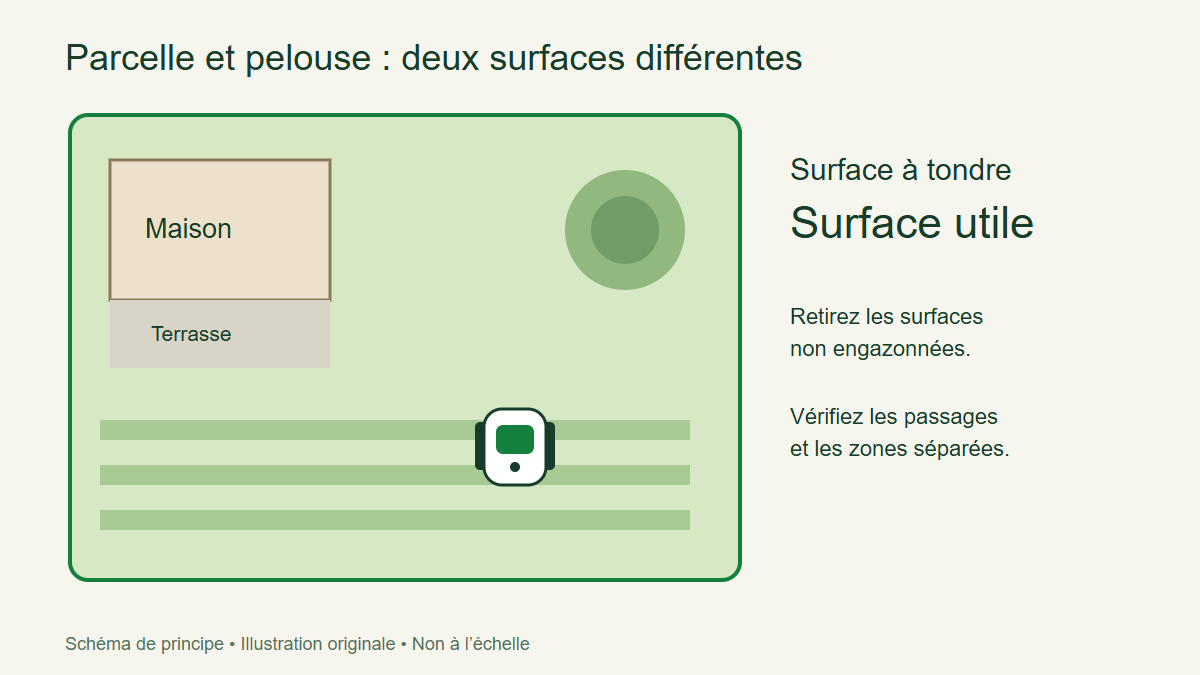 Parcelle et pelouse : deux surfaces différentes — schéma de principe, non à l’échelle