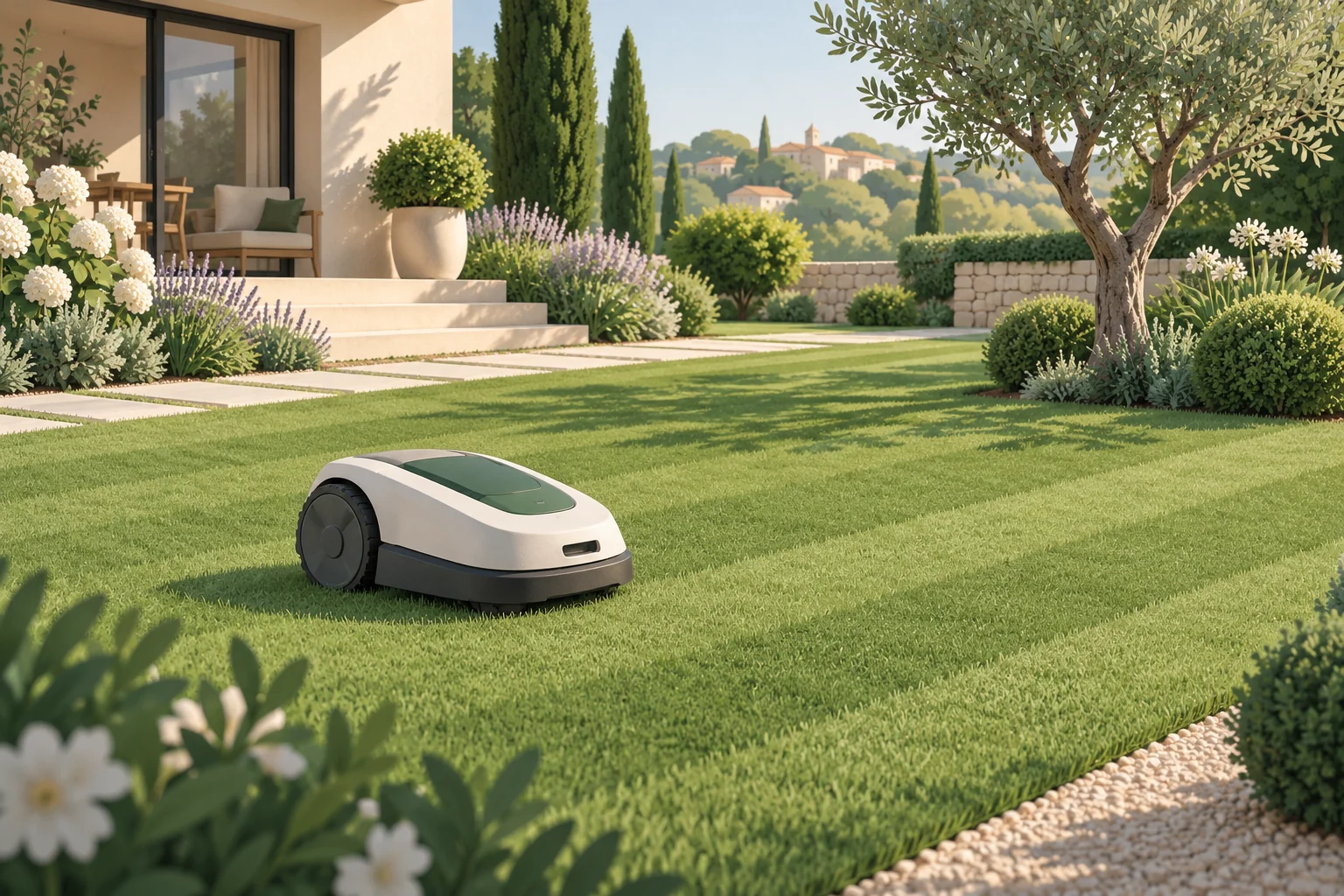 Illustration générique créée par IA : robot tondeuse sans marque dans un jardin. Aucun modèle testé représenté.
